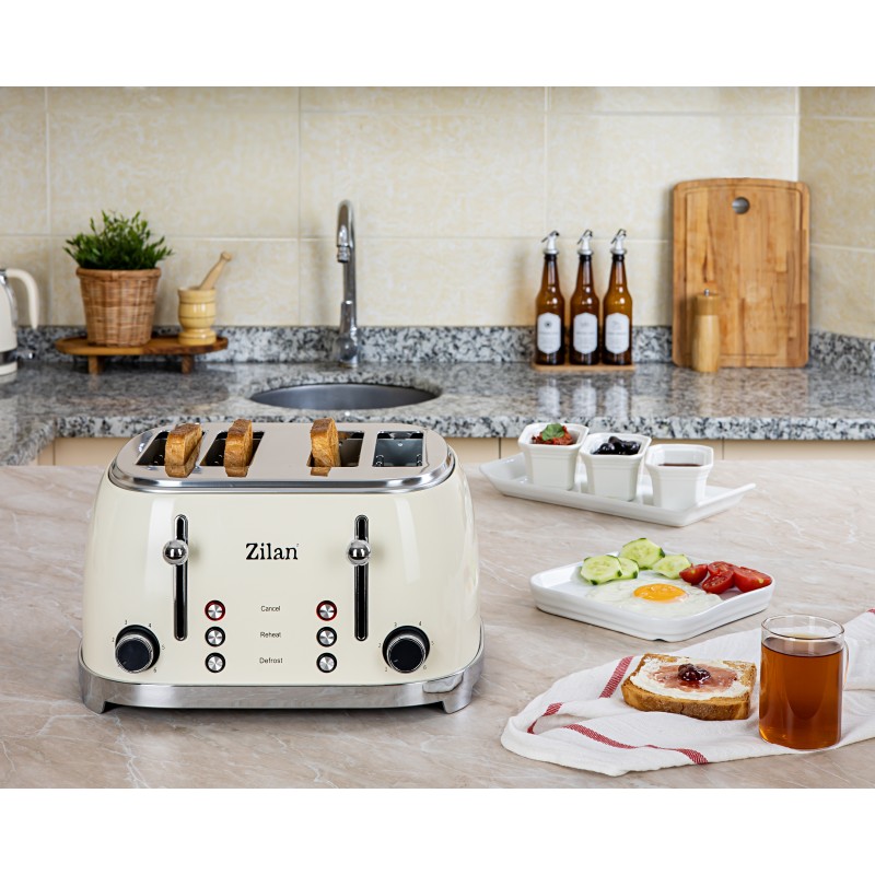 Prajitor de paine Retro Zilan ZLN1214, 4 felii de paine, 1500W, 6 trepte, dezghetare, reincalzire, picioruse antiderapante
