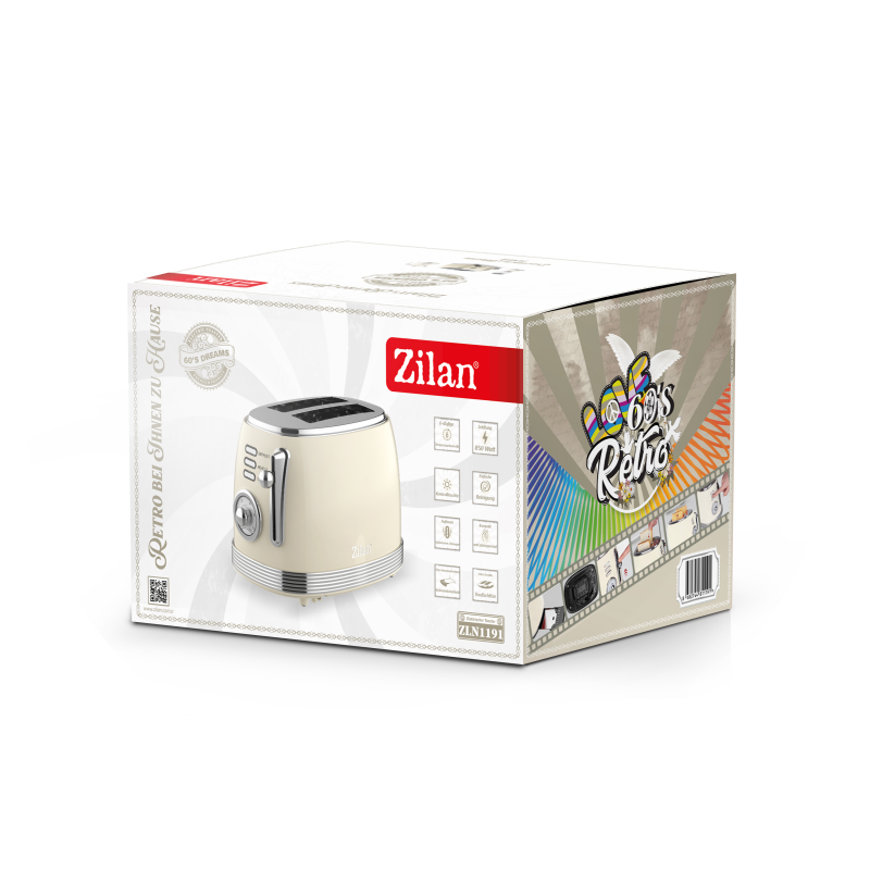 Prajitor de paine Retro Zilan ZLN1191, 2 felii de paine, 850W, 6 trepte de temperatura si timer, dezghetare, reincalzire, picioruse antiderapante