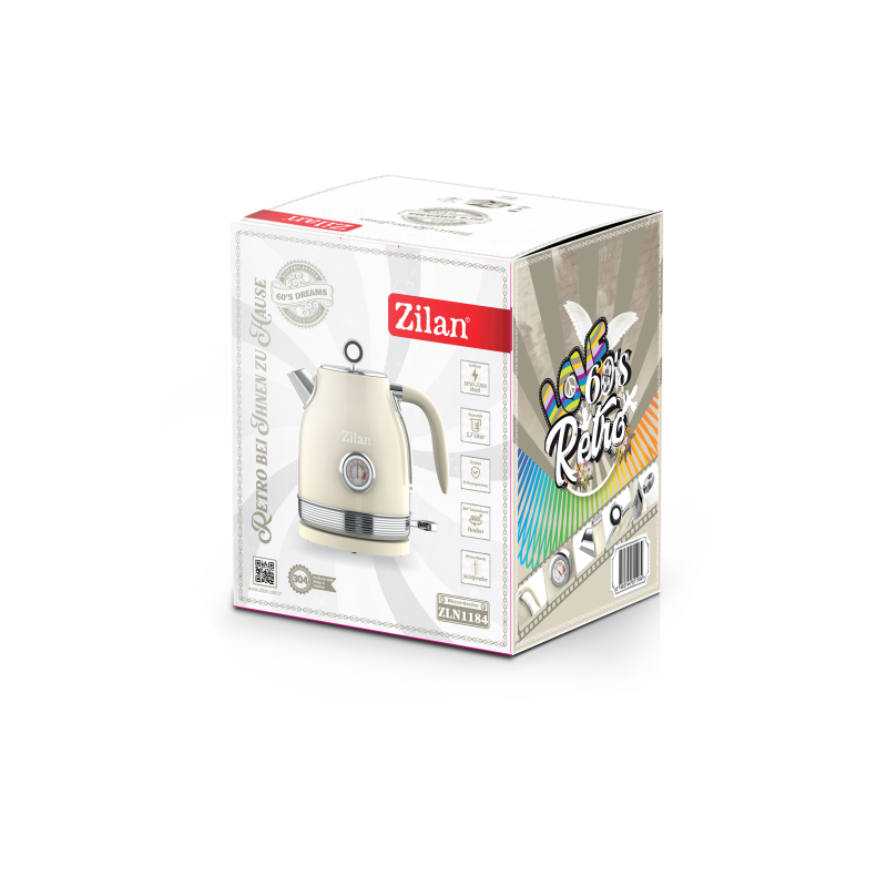 Fierbator Retro Zilan ZLN1184, 2200W, 1.7L, baza detasabila 360°, indicator luminos, protectie fierbere uscata, ON/OFF automat sau manual