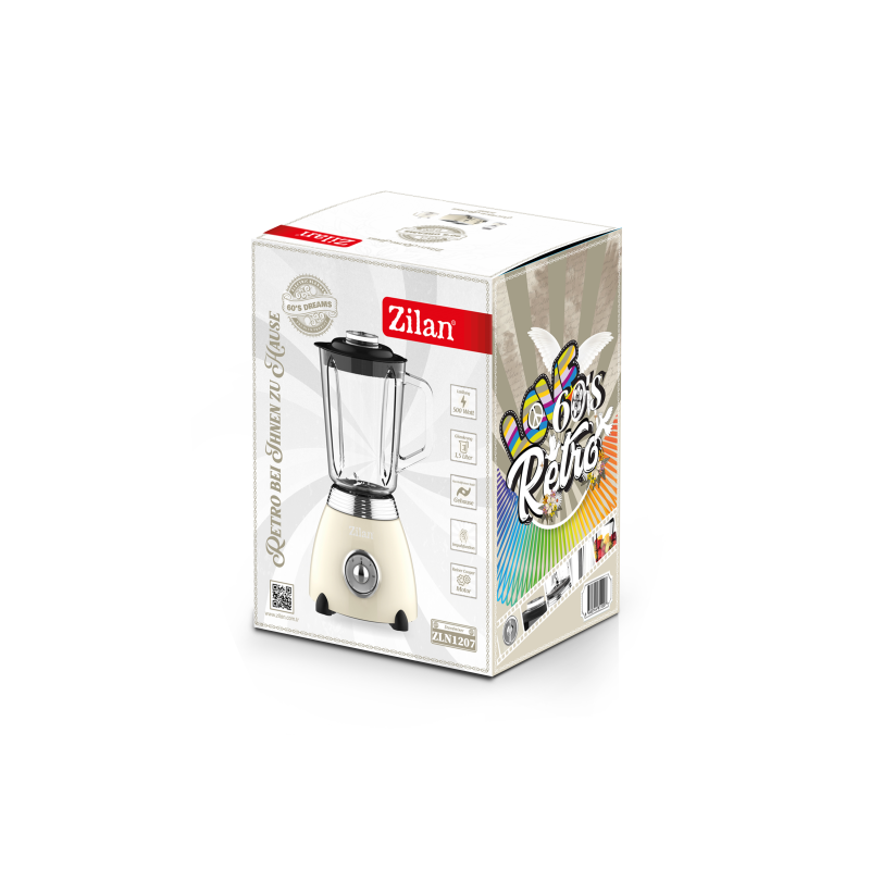 Blender Retro Zilan ZLN1207, putere 500W, capacitate 1.5L, 2 trepte de viteza, functie Pulse, vas din sticla, lame din otel inoxidabil