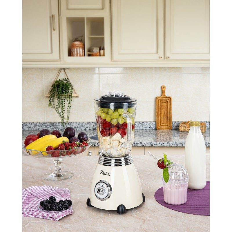 Blender Retro Zilan ZLN1207, putere 500W, capacitate 1.5L, 2 trepte de viteza, functie Pulse, vas din sticla, lame din otel inoxidabil