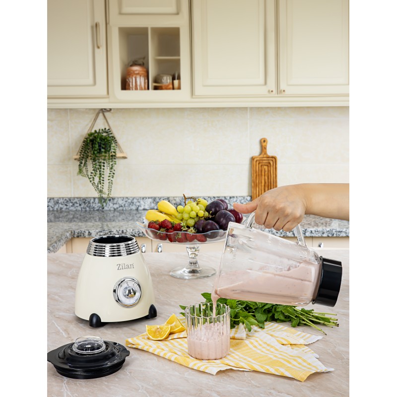 Blender Retro Zilan ZLN1207, putere 500W, capacitate 1.5L, 2 trepte de viteza, functie Pulse, vas din sticla, lame din otel inoxidabil