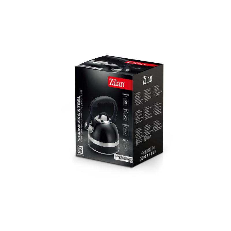 Ceainic din inox cu fluier Zilan ZLN1283, Culoare negru, Compatibil gaz, electric  inductie, Capacitate 3L