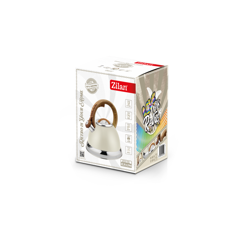 Ceainic Retro din inox cu fluier Zilan ZLN1290, Culoare crem, Compatibil gaz, electric  inductie, Capacitate 3.5L