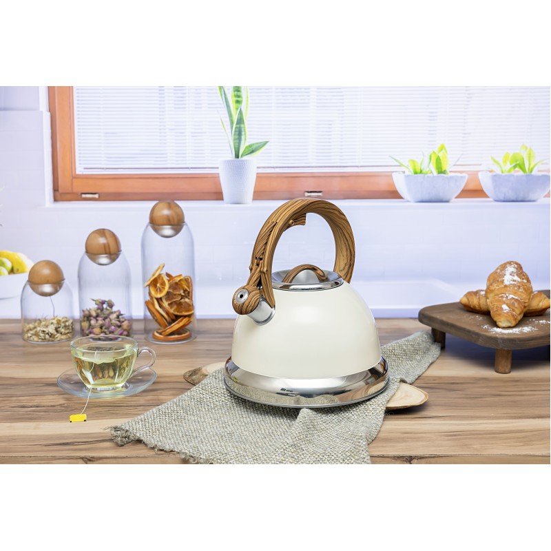 Ceainic Retro din inox cu fluier Zilan ZLN1290, Culoare crem, Compatibil gaz, electric  inductie, Capacitate 3.5L