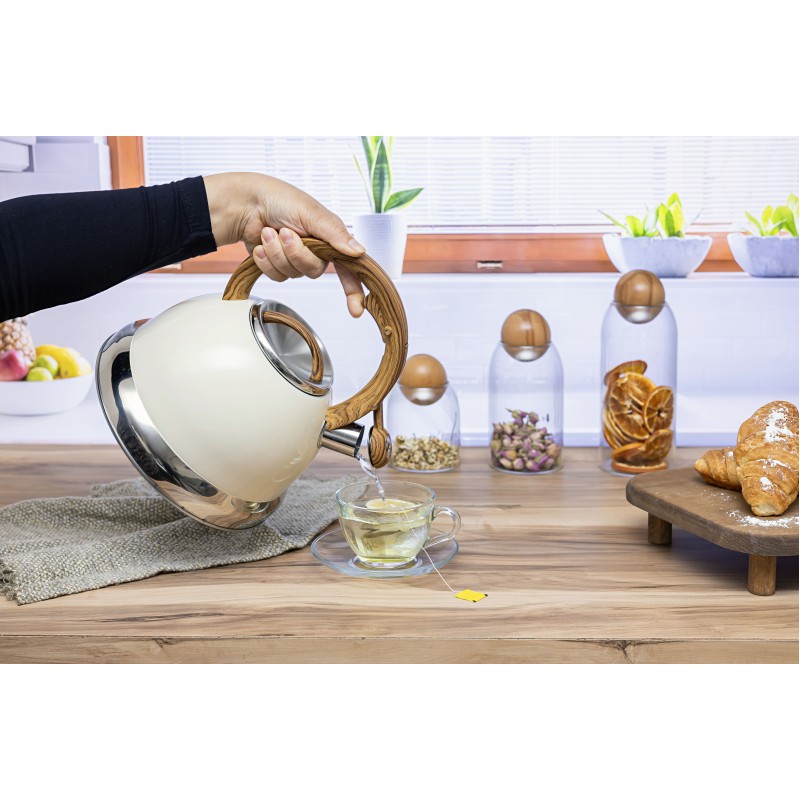 Ceainic Retro din inox cu fluier Zilan ZLN1290, Culoare crem, Compatibil gaz, electric  inductie, Capacitate 3.5L