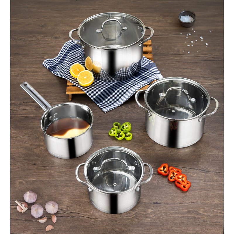 Set vase de gatit din inox Zilan ZLN1344 cu 7 piese, manere nituite, Compatibil gaz, inductie  electric, Compatibil masina de spalat vase