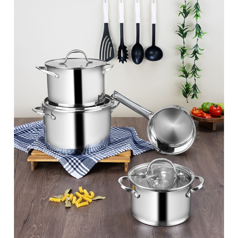 Set vase de gatit din inox Zilan ZLN1344 cu 7 piese, manere nituite, Compatibil gaz, inductie  electric, Compatibil masina de spalat vase