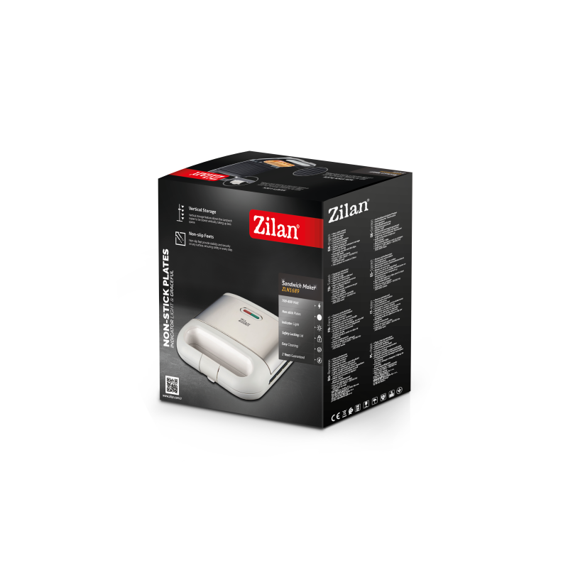 Aparat pentru facut sandwich Zilan ZLN1689, Termostat automat, Indicator luminos, Protectie supraincalzire, Picioruse antiderapante, 800W