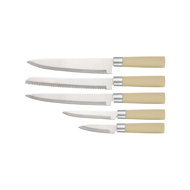 Set cutite 6 piese RETRO Zilan ZLN1610, Suport inclus, Otel inoxidabil 3CR13, Compatibil masina de spalat vase, Crem