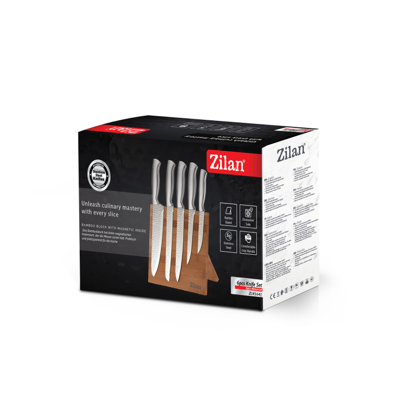 Set cutite 6 piese Zilan ZLN1641, Suport inclus din bambus, Cutite din otel inoxidabil 3CR13, Compatibil masina de spalat vase