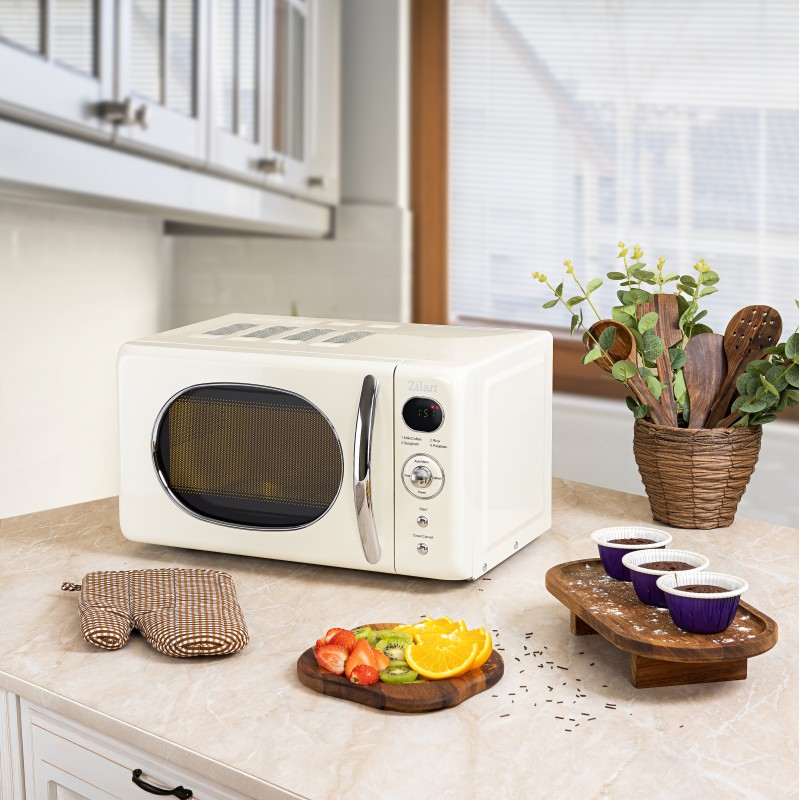 Cuptor cu microunde Zilan ZLN1245 RETRO, Putere 700W, Capacitate 20L, Functie de dezghetare, Afisaj digital, Temporizator