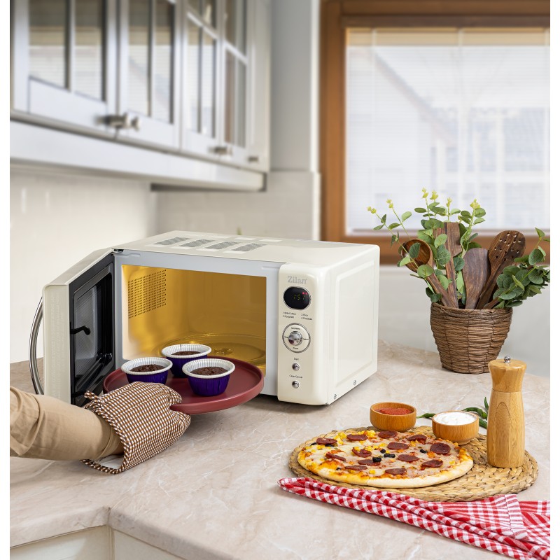 Cuptor cu microunde Zilan ZLN1245 RETRO, Putere 700W, Capacitate 20L, Functie de dezghetare, Afisaj digital, Temporizator