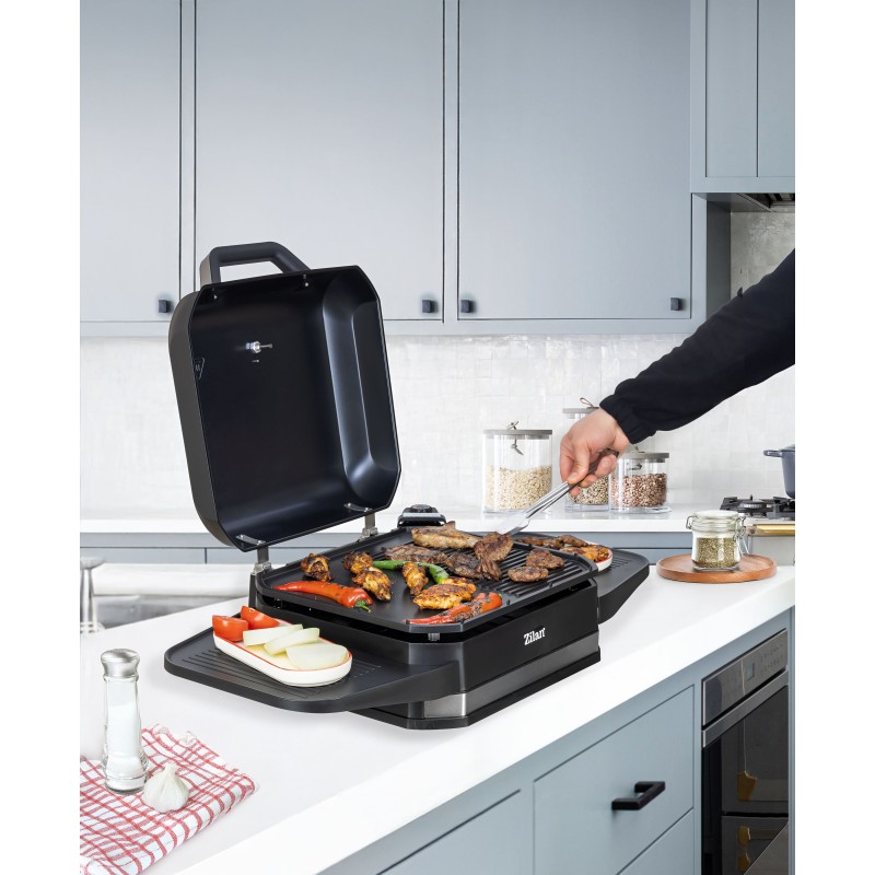 Gratar electric Zilan ZLN2501 pentru interior/exterior, Putere 3050W, Termostat reglabil, Placa din aluminiu, Protectie impotriva supraincalzirii, Termometru integrat