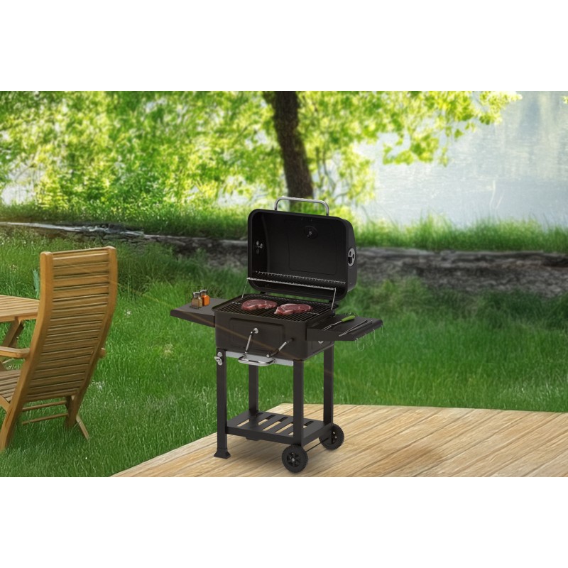 Gratar pentru exterior Zilan ZLN3574, Fabricat din materiale durabile, Grila de gatit 54x42.5 cm din otel cromat, Termometru incorporat, Mobilitate pe roti