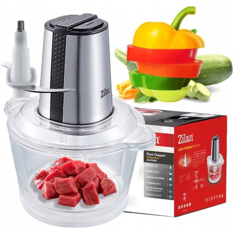 Tocator legume-fructe ZILAN ZLN-3888, Putere 300W, Vas din sticla 1.6L, 4 lame inox, 2 trepte de viteza