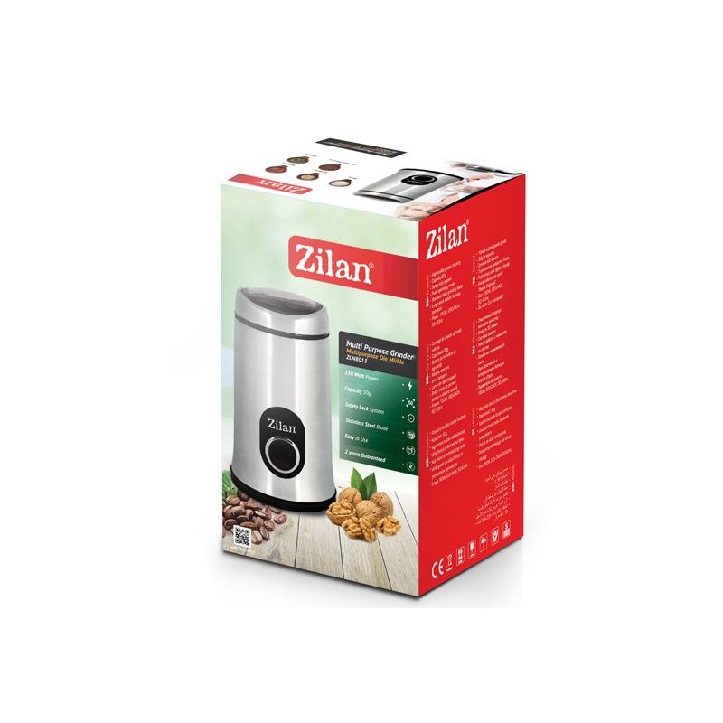 Rasnita cafea electrica, Zilan ZLN-8013,Argintiu /Negru 150 W, inox, cutite macinare otel inoxidabil
