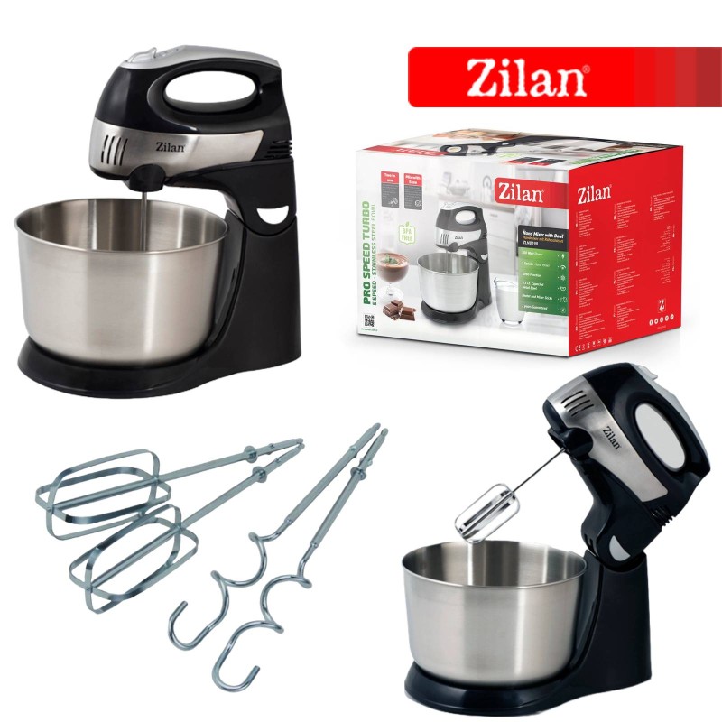 Mixer cu Bol Inox ZILAN ZLN-8198, Capacitate bol mare 4.3Litri, Putere 350W, Functie Turbo, 5 viteze