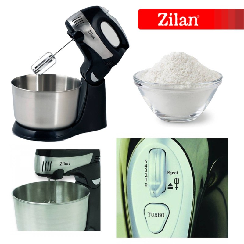 Mixer cu Bol Inox ZILAN ZLN-8198, Capacitate bol mare 4.3Litri, Putere 350W, Functie Turbo, 5 viteze