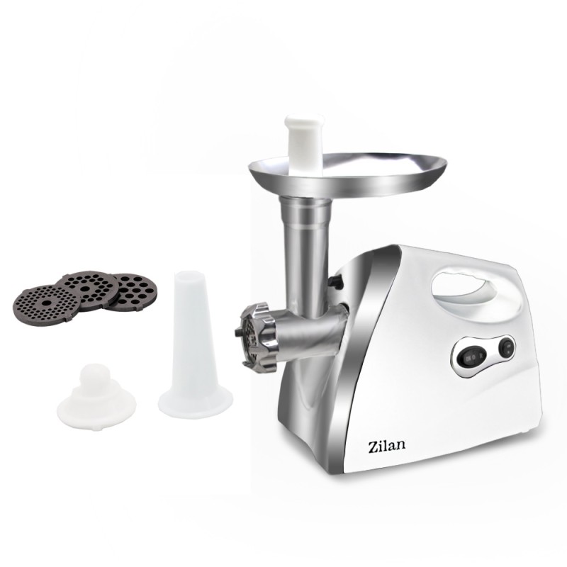 Masina de tocat carne ZILAN ZLN-7598,Alb 1200W, Tava si panou inox, Accesorii umplut carnati, Functie revers, 1.6kg/min,
