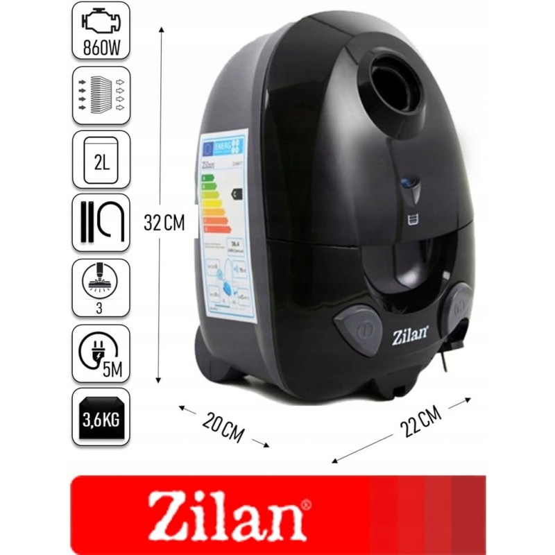Aspirator cu sac ZILAN ZLN-8471,Negru Capacitate sac textil 2.0 l, Putere 1200W, Cordon electric retractabil 5 m