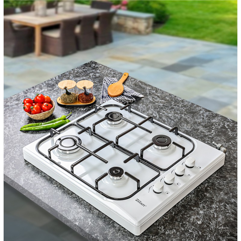 Aragaz 4 ochiuri ZILAN Alb ZLN-1518, Butoane laterale, Emailat