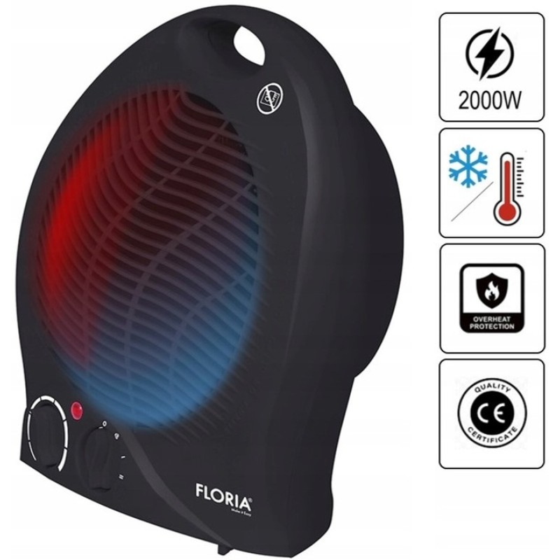 Aeroterma Floria ZLN-6172,Negru Putere 2000W, 2 nivele de incalzire+rece, Protectie supraincalzire, Termostat reglabil,