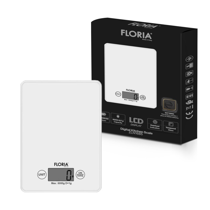 Cantar bucatarie digital Floria ZLN-1685, 5 kg, Alb