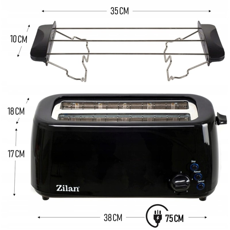 Prajitor paine dublu Zilan ZLN-2713, Negru, 1400W, 5 grade rumenire si functii multiple
