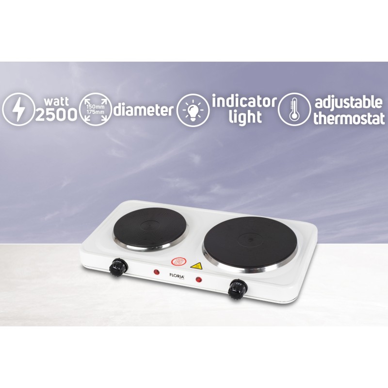 Plita electrica Floria Alb ZLN-2843, 18.5 x 15.5 cm, 2 ochiuri, termostat reglabil,