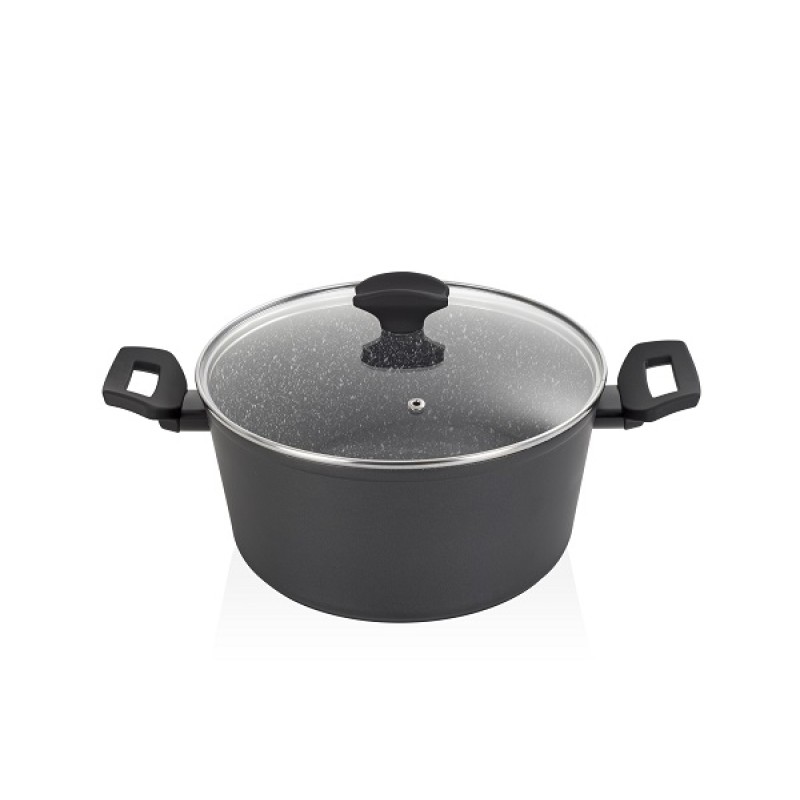 Oala cu capac sticla Zilan ZLN-3321, Diametru 24 cm, Inaltime 12 cm, Material aluminiu, Interior granit, Compatibil inductie