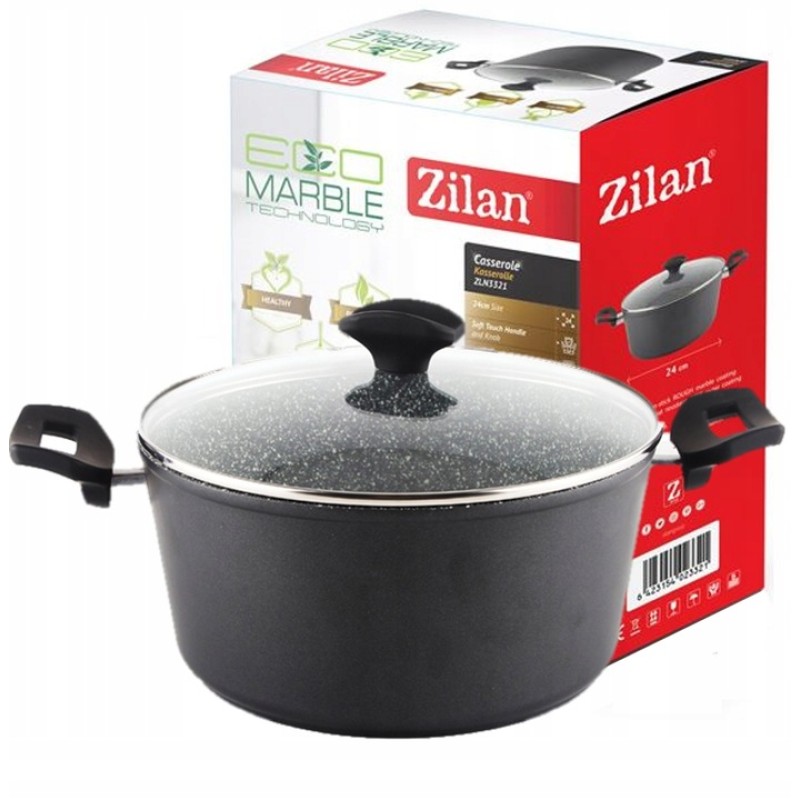Oala cu capac sticla Zilan ZLN-3321, Diametru 24 cm, Inaltime 12 cm, Material aluminiu, Interior granit, Compatibil inductie