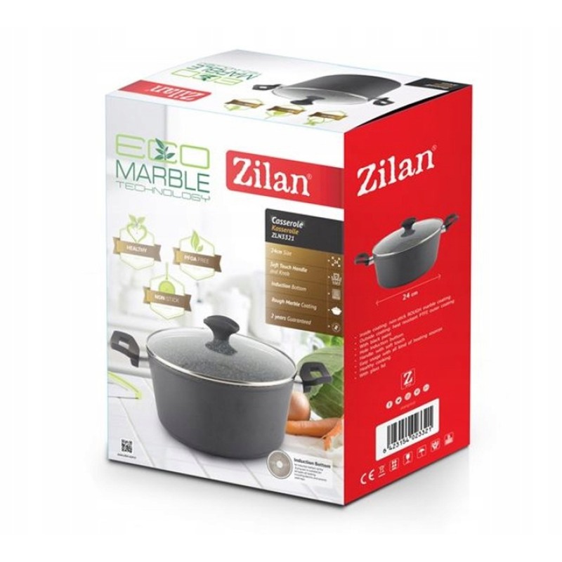 Oala cu capac sticla Zilan ZLN-3321, Diametru 24 cm, Inaltime 12 cm, Material aluminiu, Interior granit, Compatibil inductie