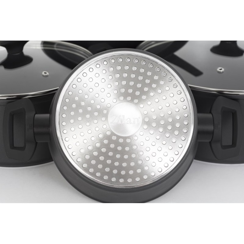 Set oale aluminiu 7 piese Zilan ZLN-3277, Strat interior neaderent, Manere ebonita, Capace sticla termorezistenta