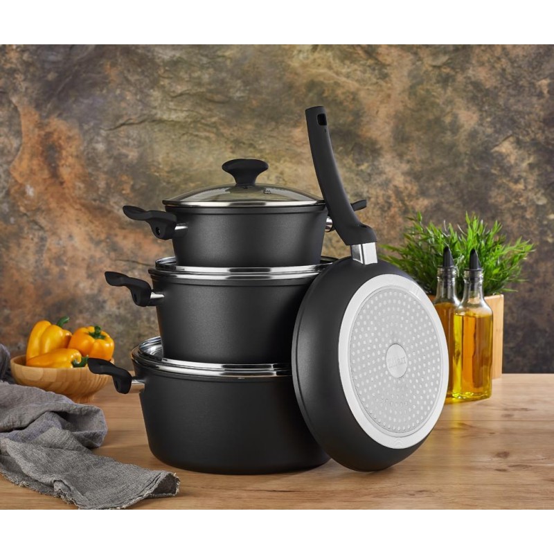 Set oale aluminiu 7 piese Zilan ZLN-3277, Strat interior neaderent, Manere ebonita, Capace sticla termorezistenta