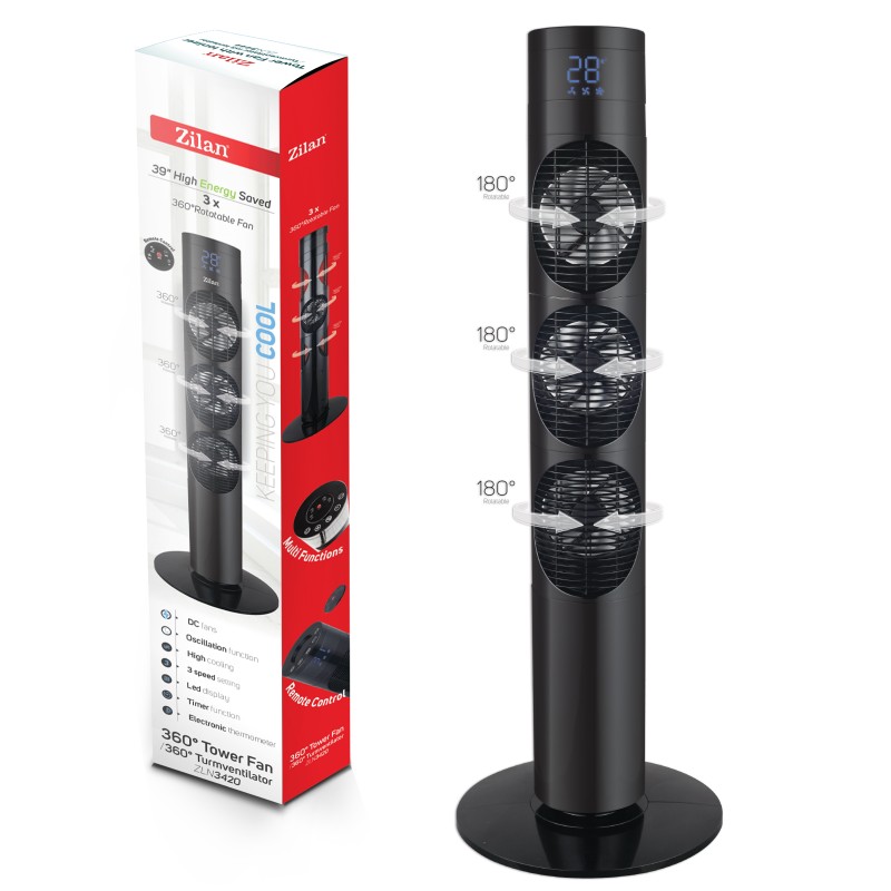 Ventilator turn Zilan ZLN-3420, Timer, Telecomanda, Trei trepte, Consum 3x20W, Debit de aer 1787 mc/ora