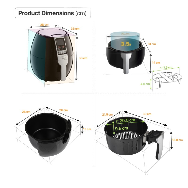 Friteuza Air Fryer Digital ZILAN ZLN-3604, Negru 1500 W, Capacitate 3.5 l, Timer 30 min,