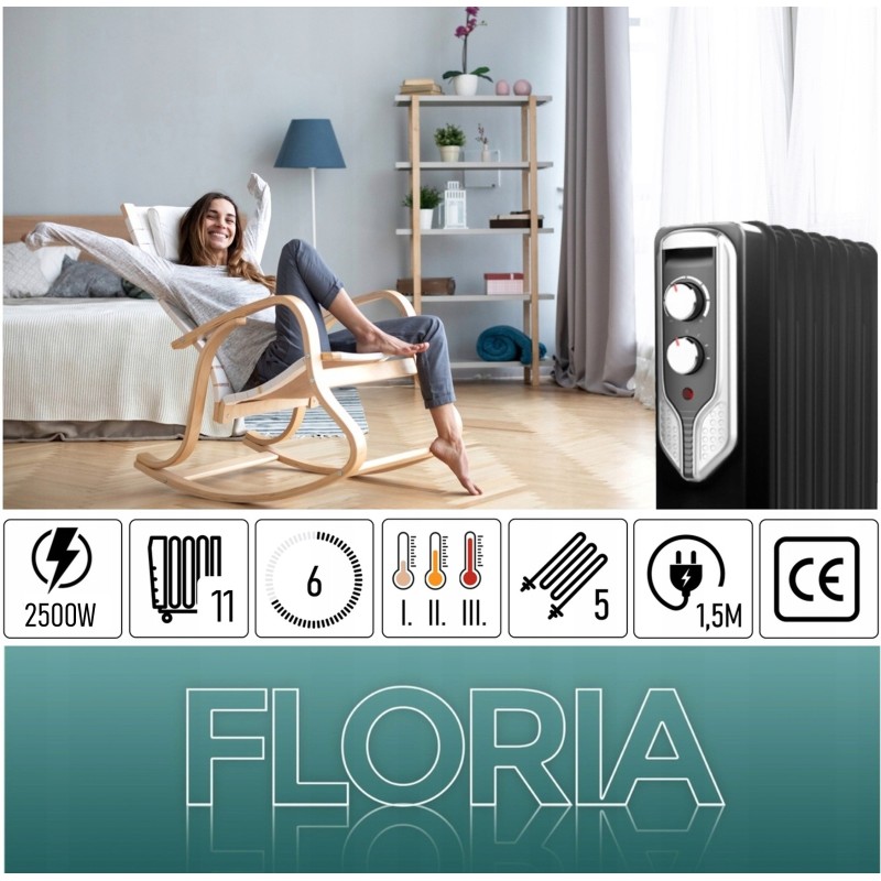Calorifer electric Floria ZLN-3666,Negru 2500 W, 11 elementi, 3 trepte de putere, Termostat reglabil, Protectie supra-incalzire, Indicator luminos,