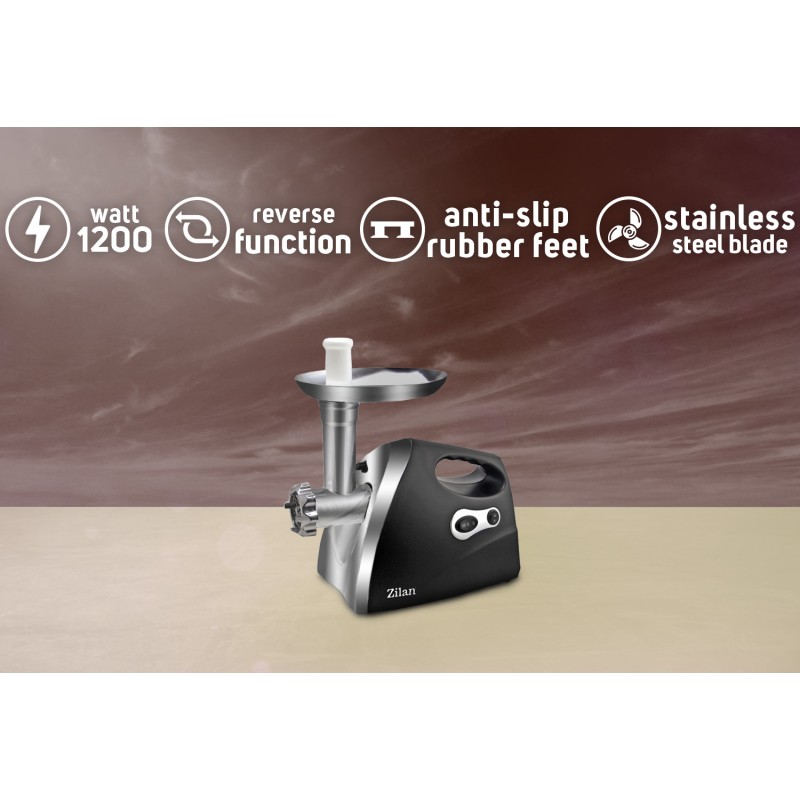 Masina de tocat carne ZILAN ZLN-7599,Negru 1200W, Tava si panou inox, Accesorii umplut carnati, Functie revers, 1.6kg/min,