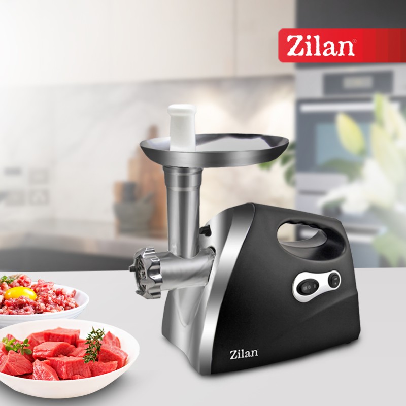 Masina de tocat carne ZILAN ZLN-7599,Negru 1200W, Tava si panou inox, Accesorii umplut carnati, Functie revers, 1.6kg/min,