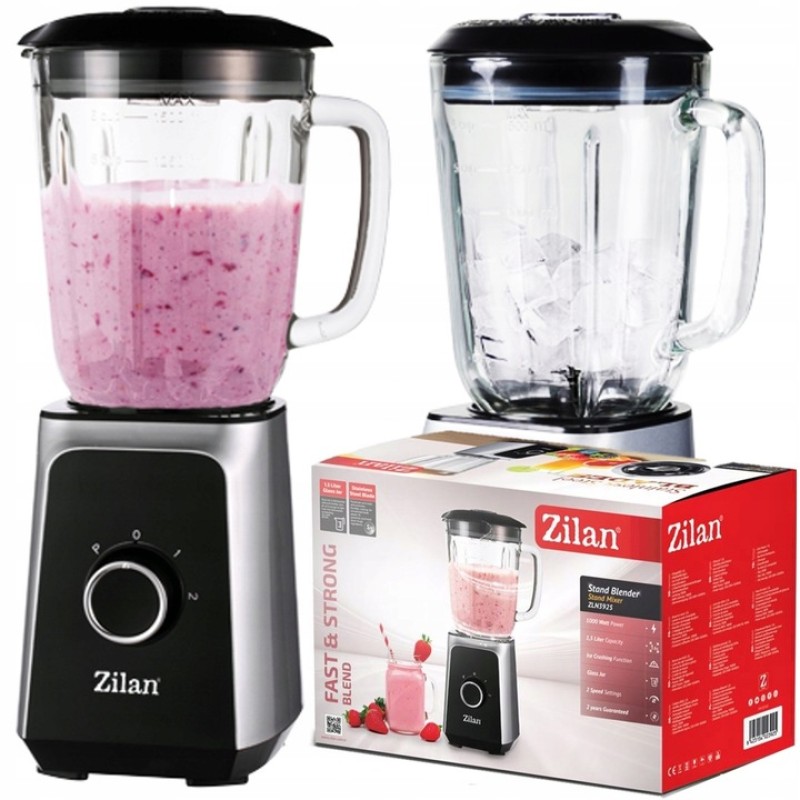 Blender ZILAN ZLN-3925, 1.5 l, 2 viteze + Functie impuls, Zdrobire gheata, Vas de sticla, Inox