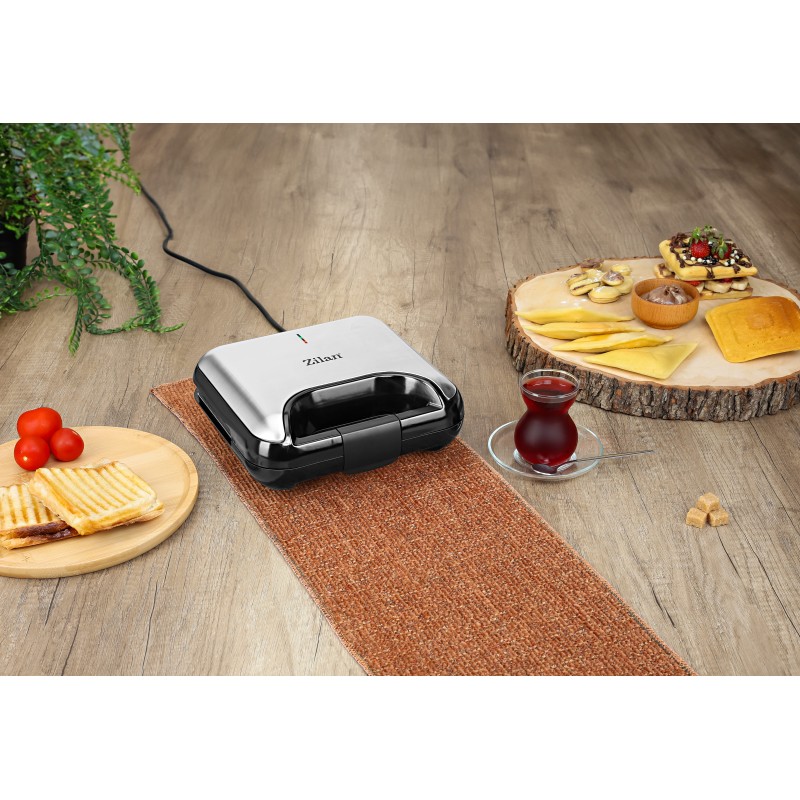 Sandwich-maker ZILAN 5 in 1 ZLN-3932, Negru/Inox 800 W, 5 tipuri de placi grill, triunghi, sandwich, waffle, nuci,