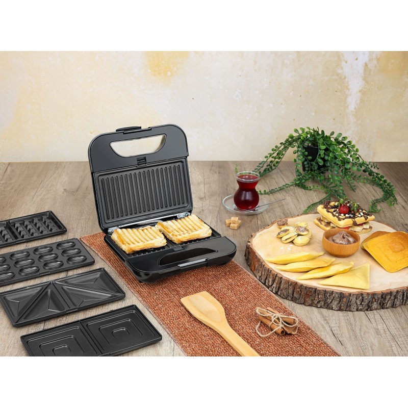 Sandwich-maker ZILAN 5 in 1 ZLN-3932, Negru/Inox 800 W, 5 tipuri de placi grill, triunghi, sandwich, waffle, nuci,