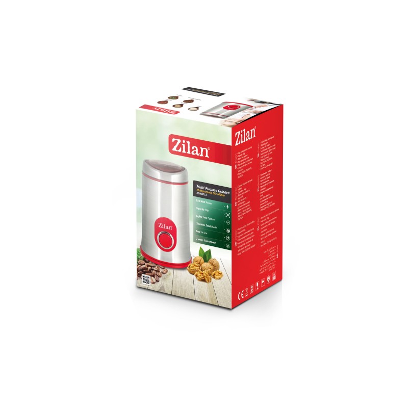 Rasnita cafea electrica, Zilan ZLN-8012,Argintiu /Rosu 150 W, inox, cutite macinare otel inoxidabil